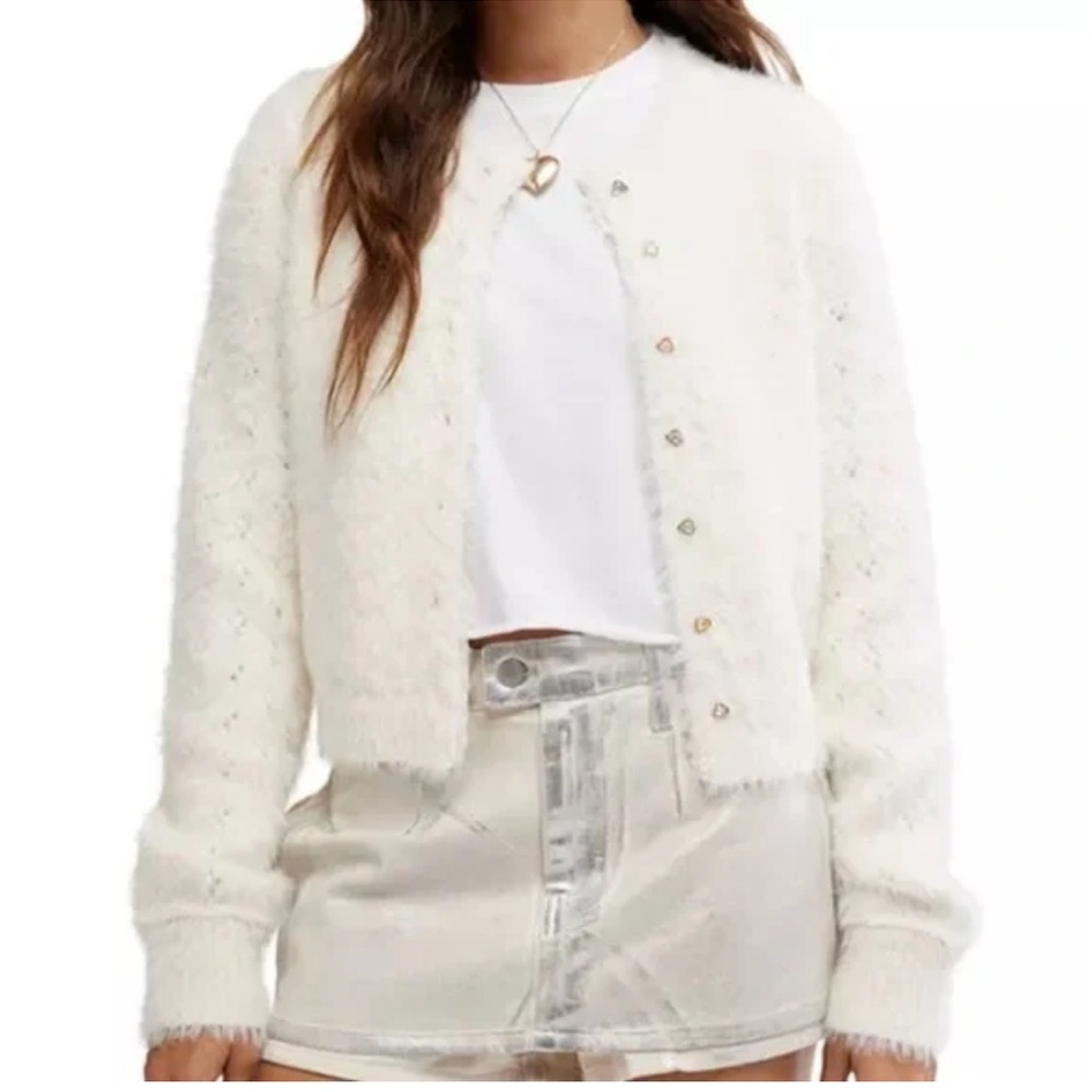 NWOT Free People Celeste Cardigan sweater‎ large ivory white fuzzy classic